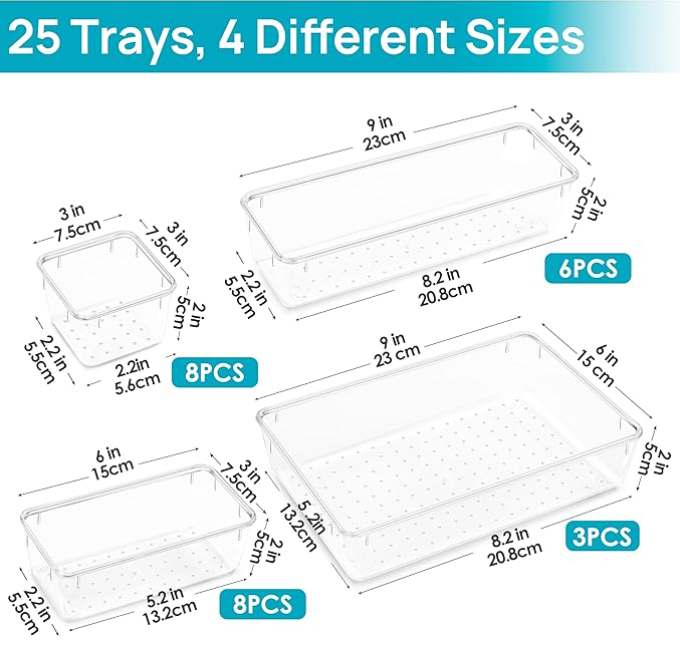 Clear Drawer Tray Organizers  25 pieces, plastic storage- buy on Amazon