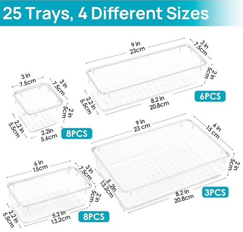 Clear Drawer Tray Organizers  25 pieces, plastic storage- buy on Amazon