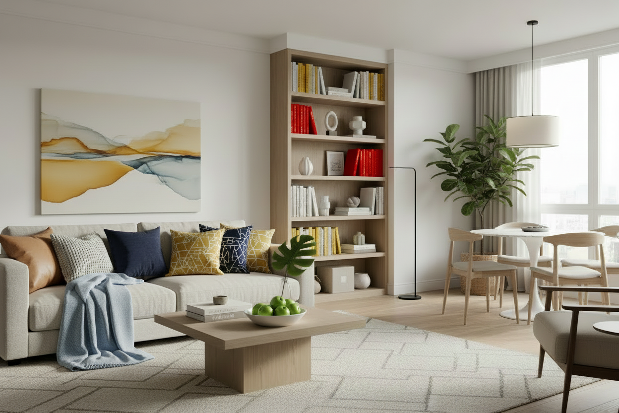 I need the art on the wall to have light blue, navy blue, and mustard yellow on it with the same art. I need the pillow on the left to be a tan leather, one of the other pillows to be navy blue and I need a bowl full of granny smith apples to be on the coffee table. The books on the bookshelf need to have color on the spines.
